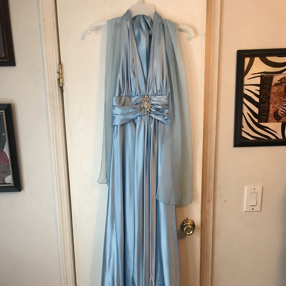 Baby blue silk evening gown